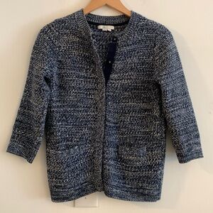 Boden Blue & White Marled Knit Snap Button Crew Neck Sweater Jacket Size Small